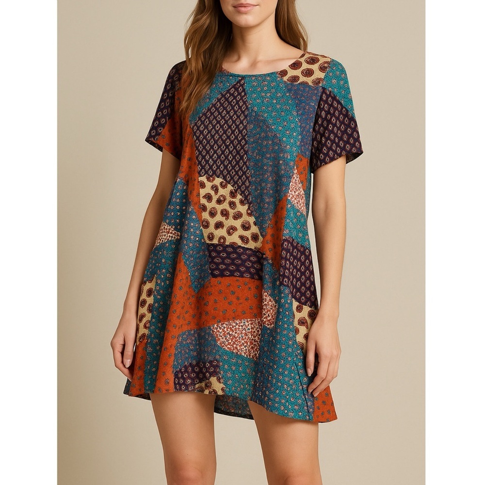 Umgee Patchwork Boho Mixed Print Rayon Tunic Dres… - image 1